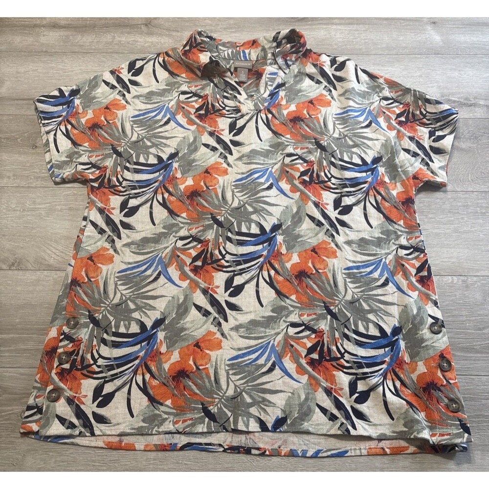 Chico’s Fiesta Palms Popover Linen Blend Top Sz 1 M Tropical Hawaiian Shirt